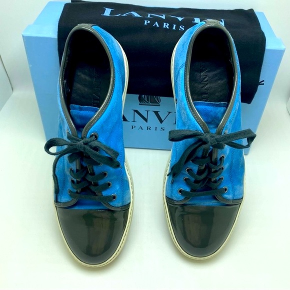 Lanvin Blue Calfskin Suede Patent Toe Low Top Shoes Size 10